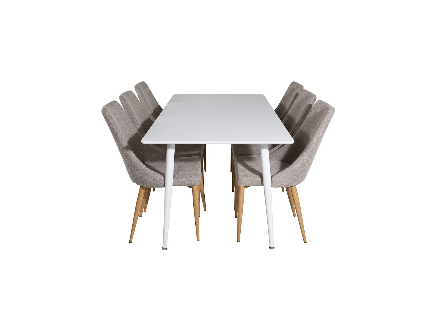 Polar180X90WHWH eethoek eetkamertafel wit en 6 Leone eetkamerstal lichtgrijs, eik decor.