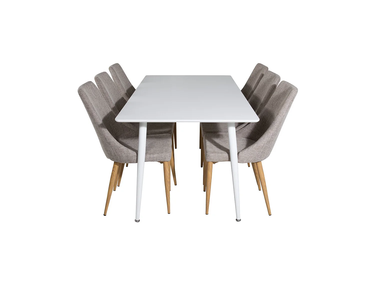 Polar180X90WHWH eethoek eetkamertafel wit en 6 Leone eetkamerstal lichtgrijs, eik decor.