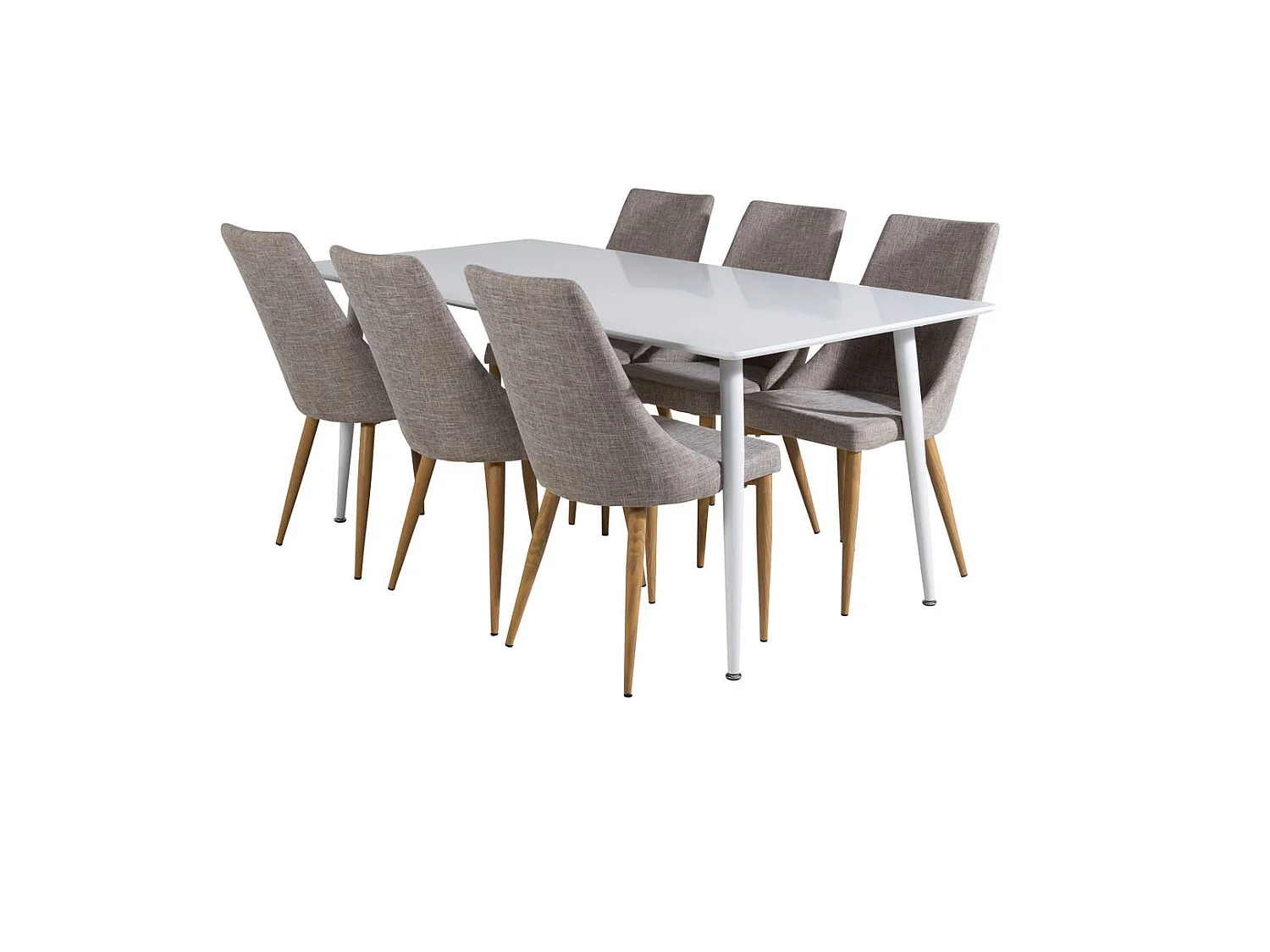 Polar180X90WHWH eethoek eetkamertafel wit en 6 Leone eetkamerstal lichtgrijs, eik decor.