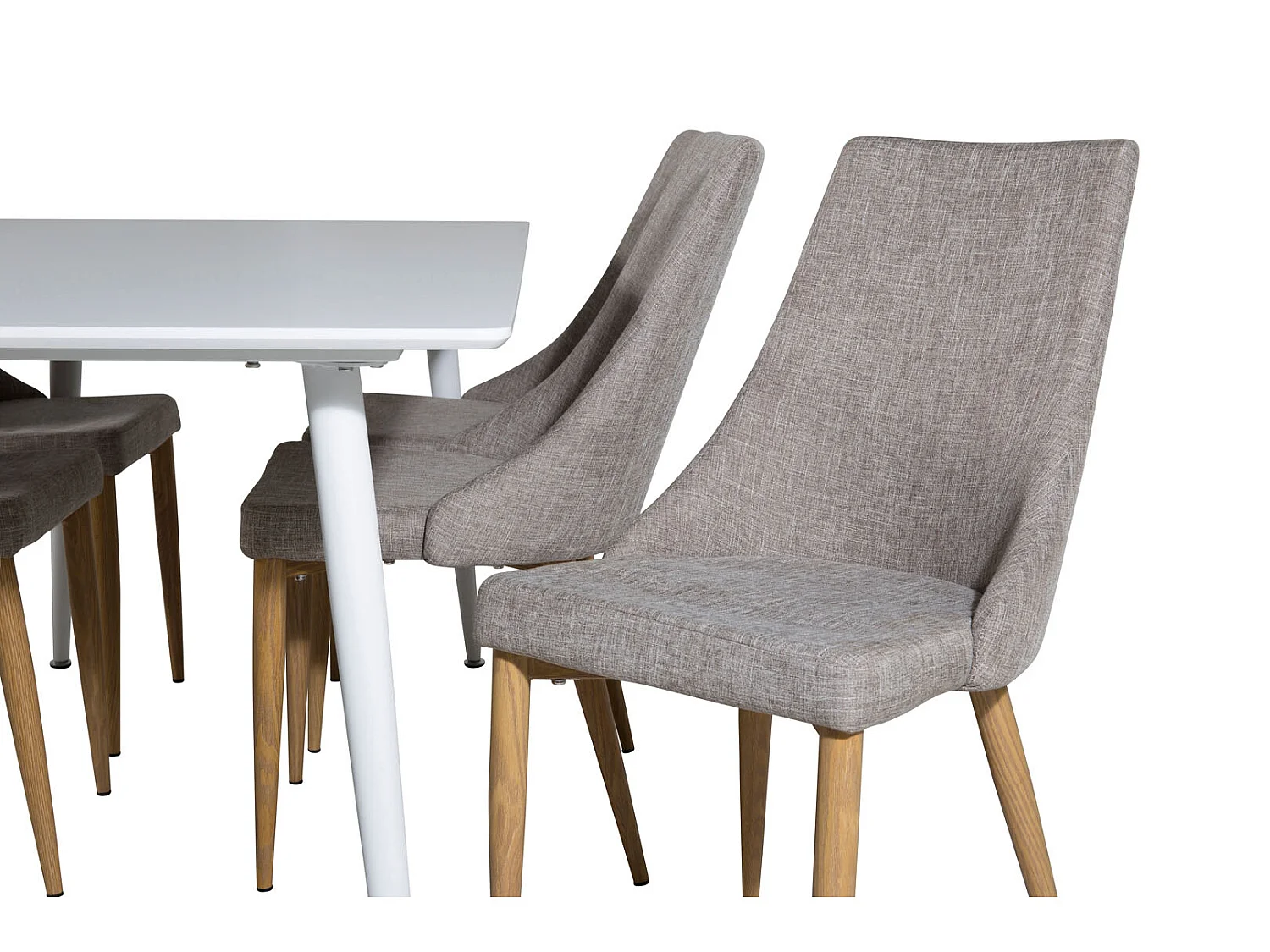 Polar180X90WHWH eethoek eetkamertafel wit en 6 Leone eetkamerstal lichtgrijs, eik decor.