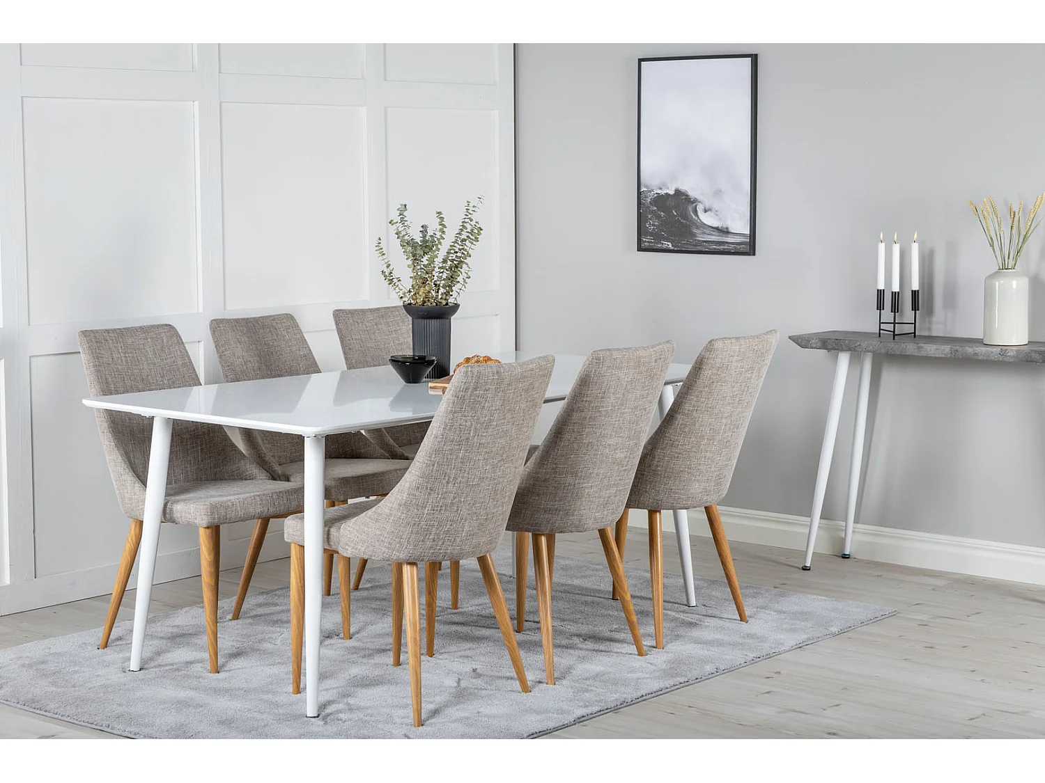 Polar180X90WHWH eethoek eetkamertafel wit en 6 Leone eetkamerstal lichtgrijs, eik decor.