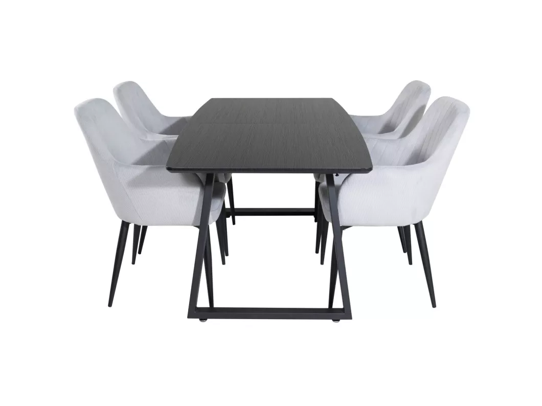 Kauf Unique IncaBLBL Essgruppe Esstisch Ausziehbarer Tisch Länge cm 160 / 200 schwarz und 4 Comfort Esszimmerstühle Samt hellgrau, schwarz