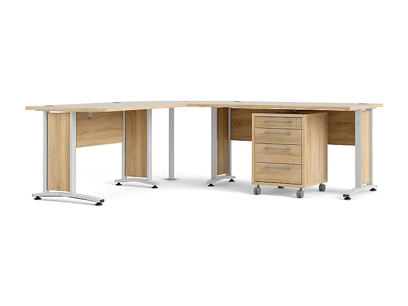 Prisme Eckschreibtisch mit Rollcontainer Eiche Dekor, weiss