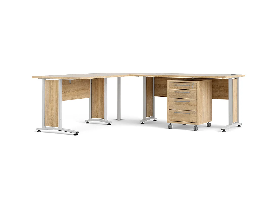 Prisme Bureau d'angle avec conteneur à roulettes, finition chêne, blanc