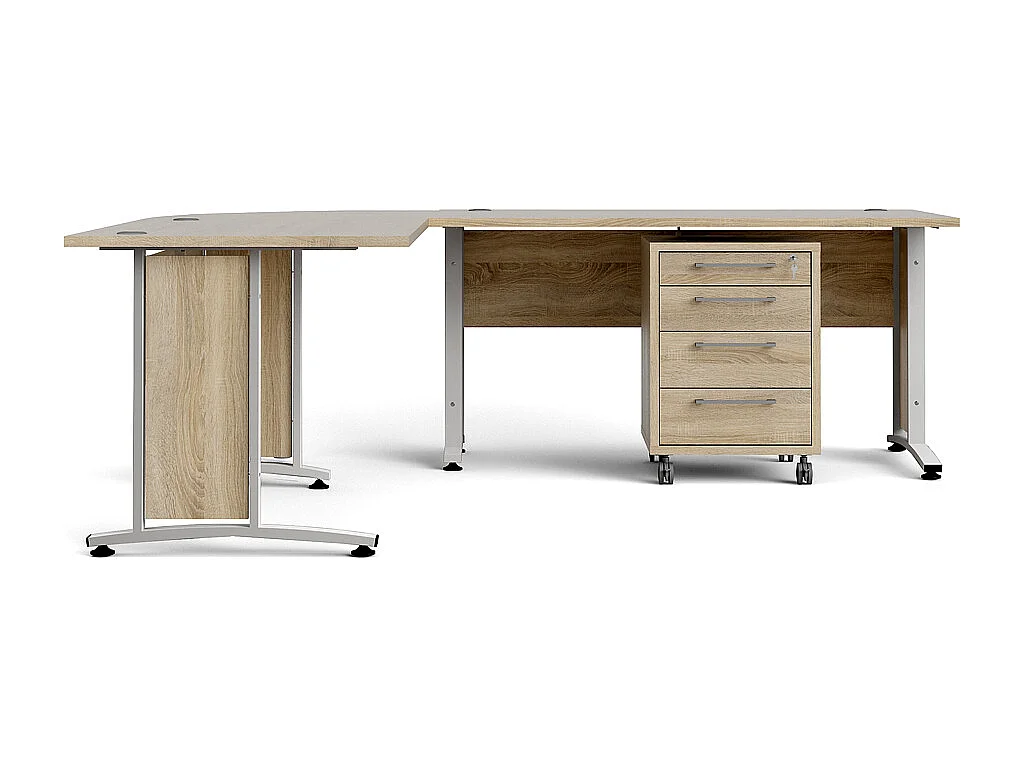 Prisme Bureau d'angle avec conteneur à roulettes, finition chêne, blanc