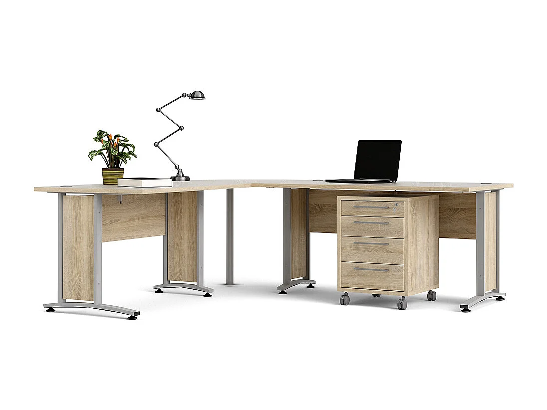 Prisme Bureau d'angle avec conteneur à roulettes, finition chêne, blanc