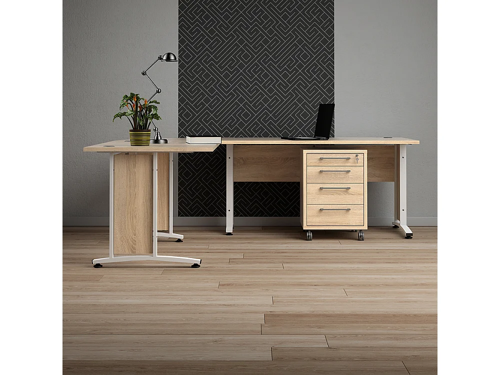 Prisme Bureau d'angle avec conteneur à roulettes, finition chêne, blanc