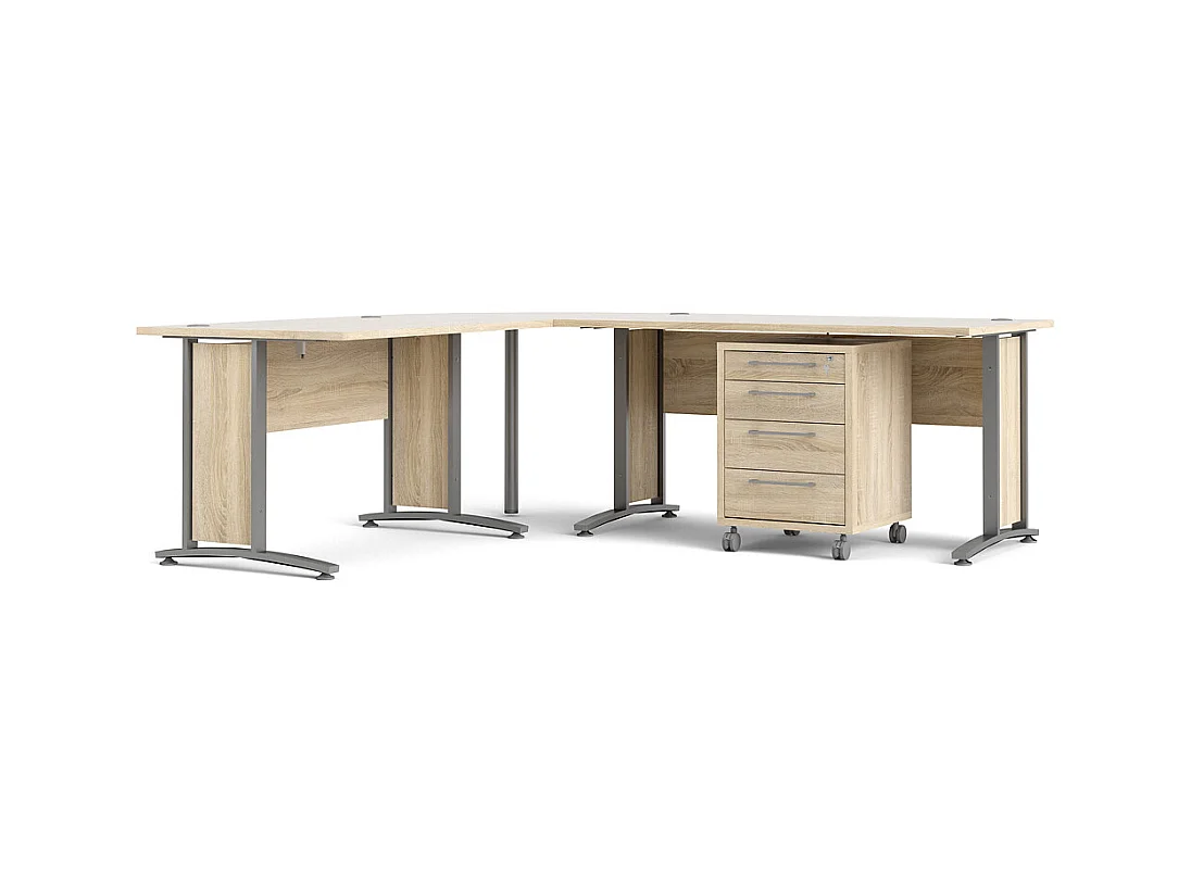 Prisme Bureau d'angle 305 avec conteneur roulant, finition chêne.