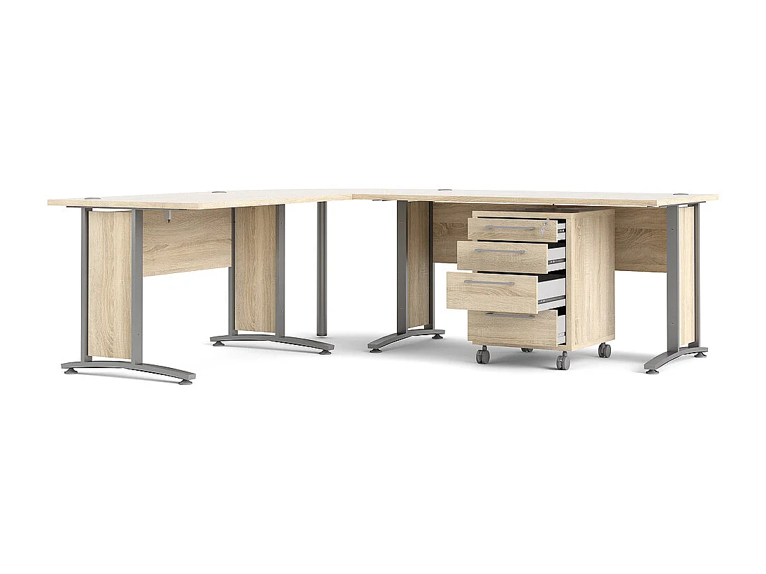 Prisme Bureau d'angle 305 avec conteneur roulant, finition chêne.