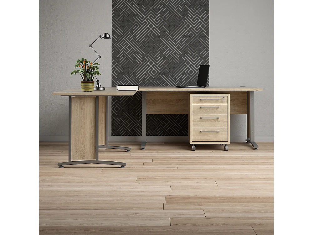 Prisme Bureau d'angle 305 avec conteneur roulant, finition chêne.