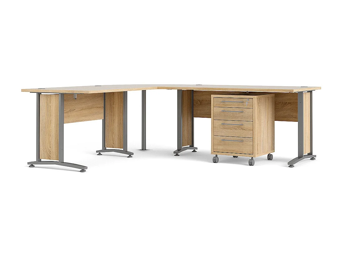 Prisme Bureau d'angle 304 avec conteneur roulant, finition chêne.