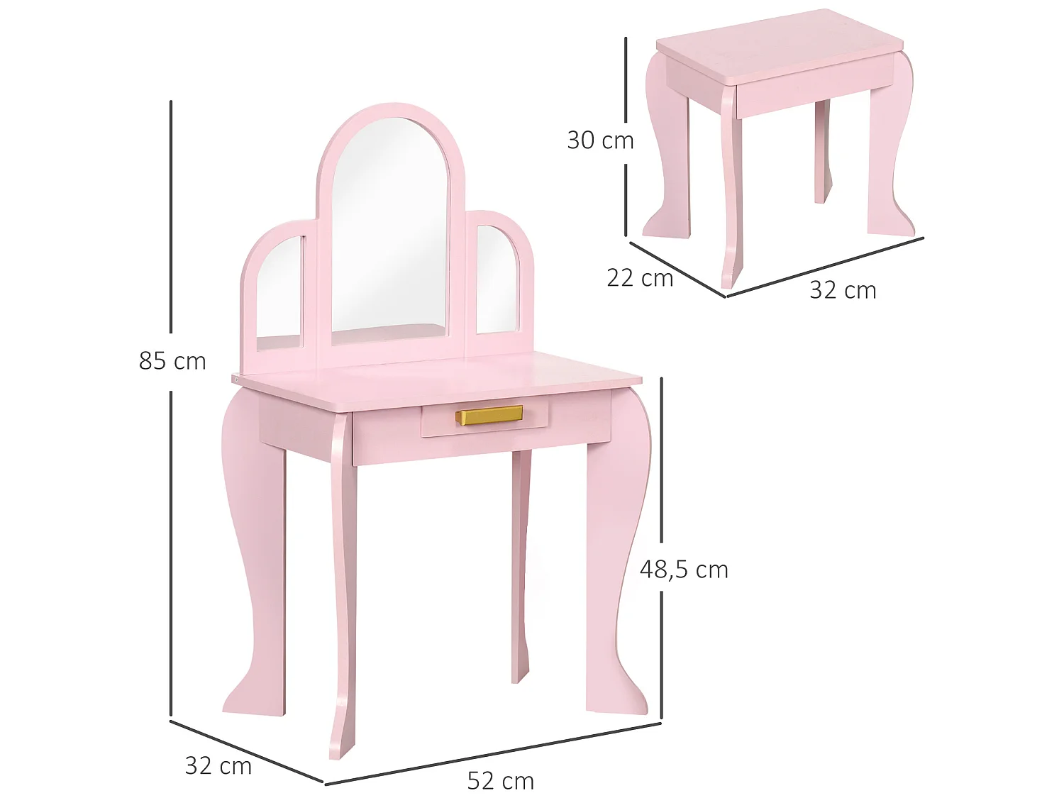 Tocador para niños rosa 52x32x85 cm HOMCOM