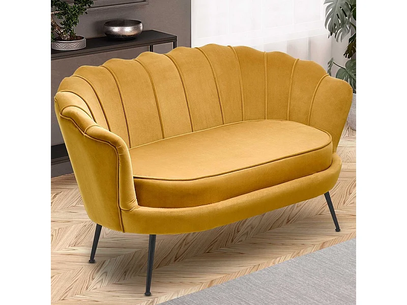 Canapé coquillage en velours jaune moutarde avec pieds noirs en métal CAPRICA 2 XL