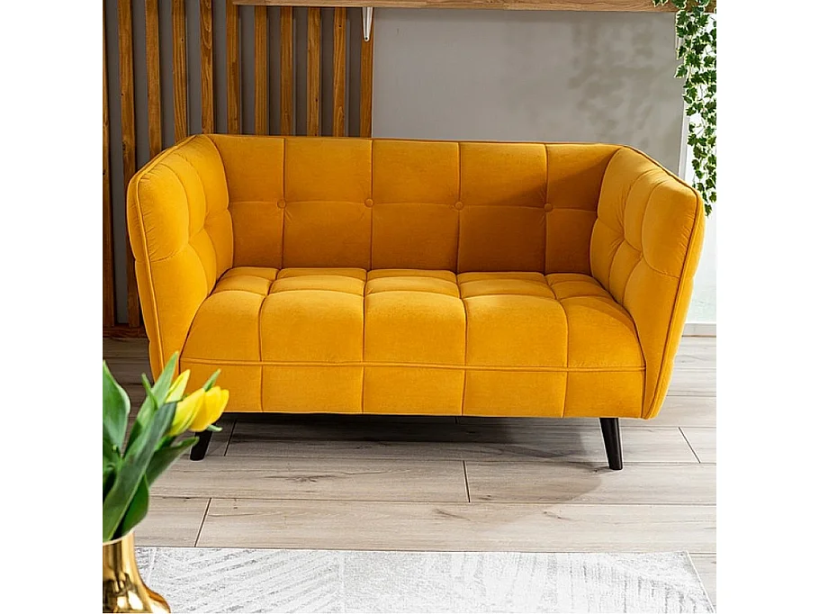 Canapé 2 places capitonné velours jaune curry Compi
