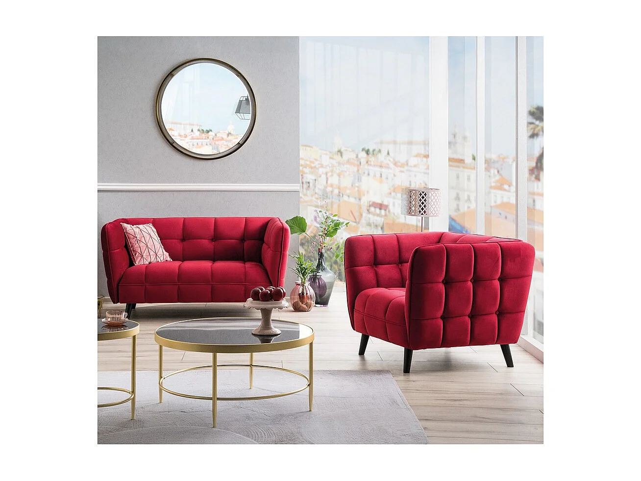 Canapé 3 places design velours rouge Compi