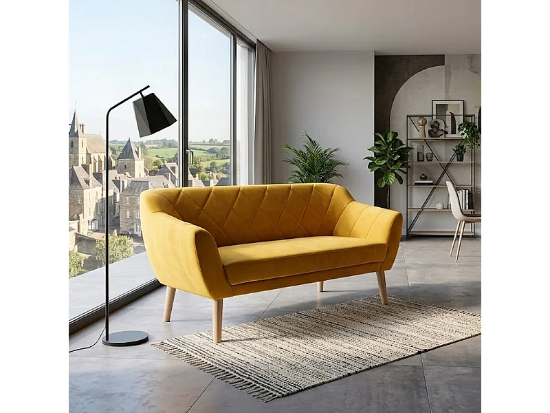Divano design Blink in velluto giallo e faggio