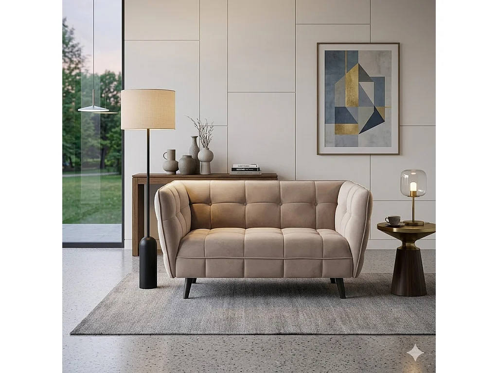 Canapé 2 places capitonné velours beige Compi
