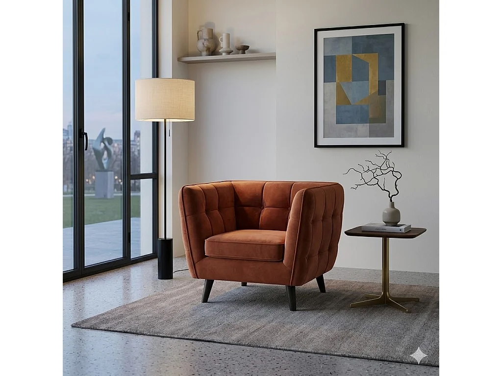 Fauteuil design carré velours cannelle Compi