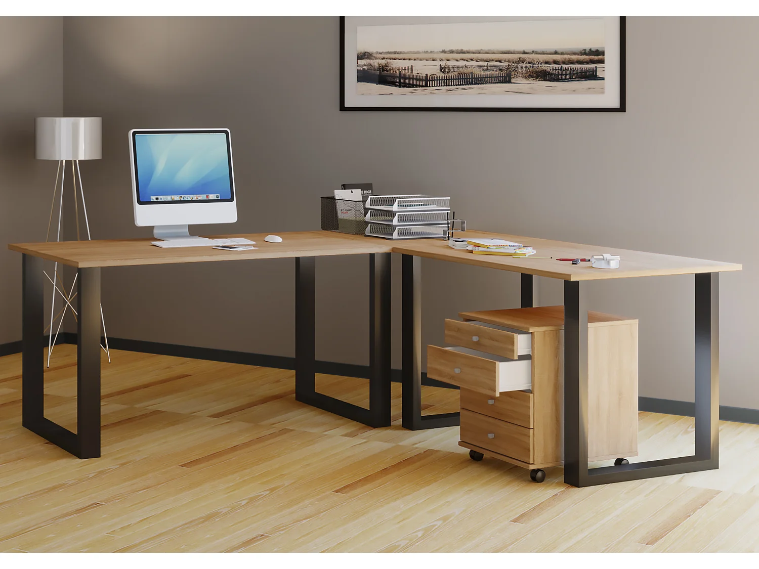 Desk Lona Black / Sonoma oak H. 76 x W. 220 x D. 160 cm
