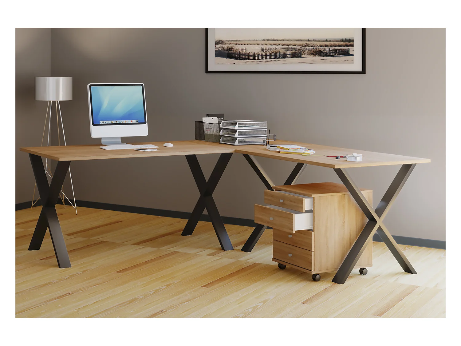 Desk Lona Black / Sonoma oak H. 76 x W. 220 x D. 220 cm