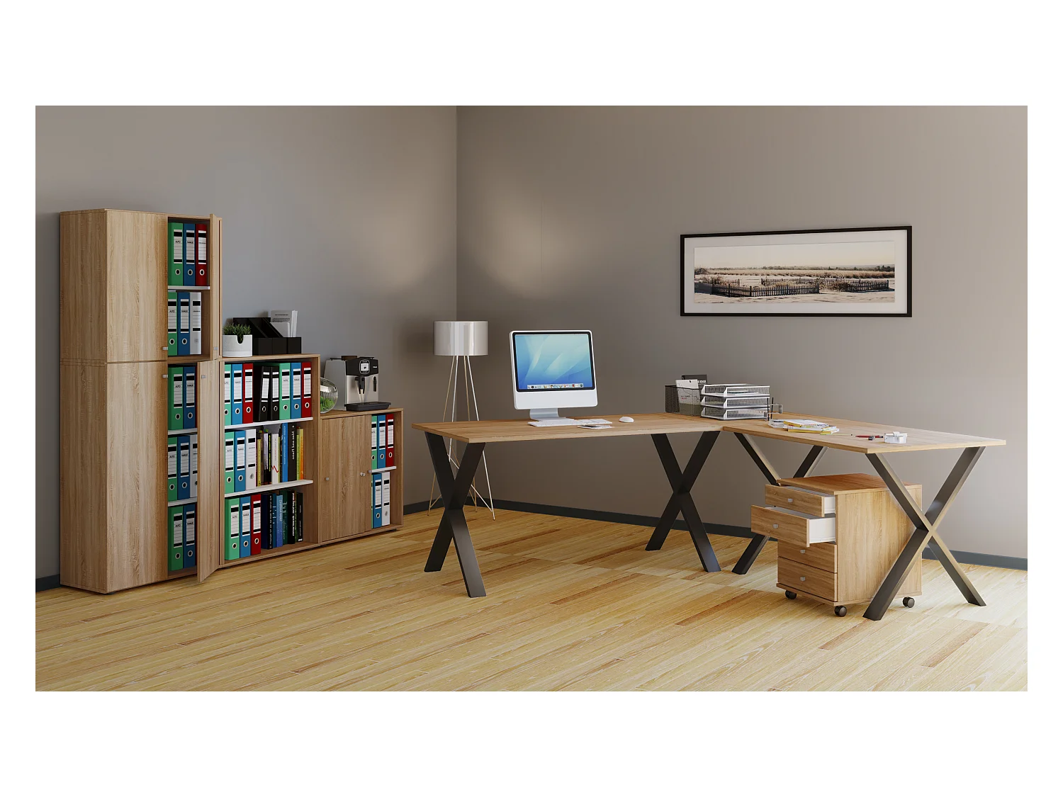 Desk Lona Black / Sonoma oak H. 76 x W. 220 x D. 160 cm