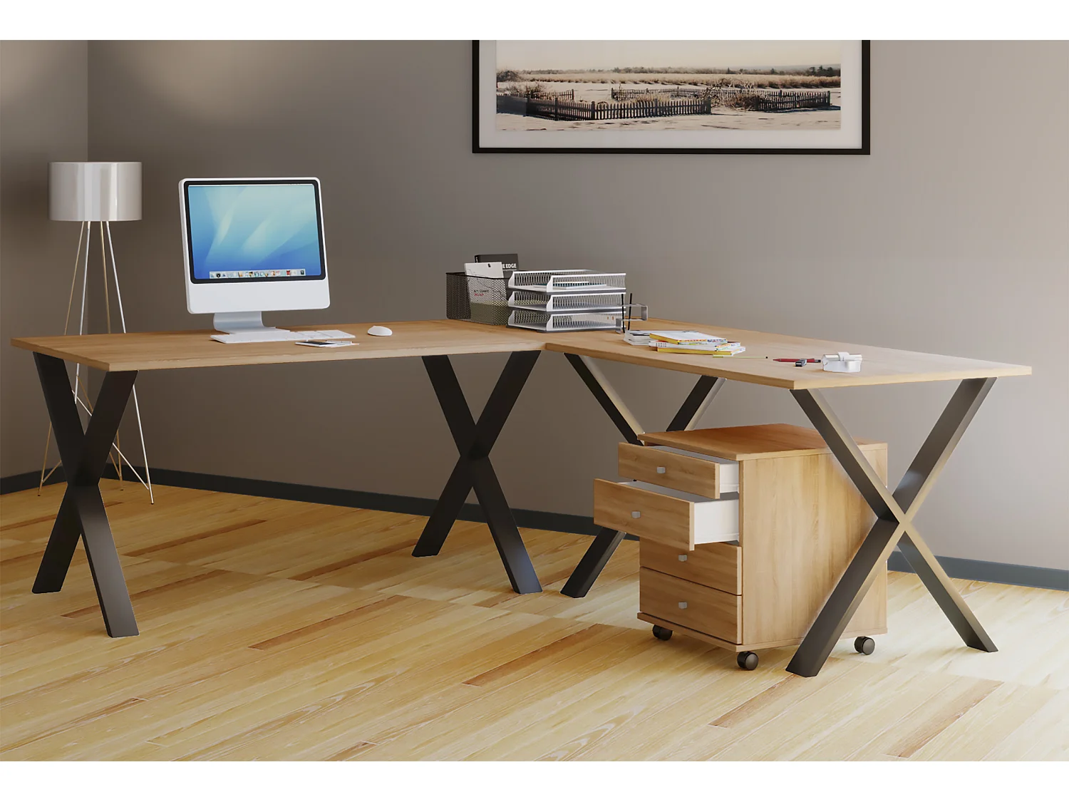 Desk Lona Black / Sonoma oak H. 76 x W. 220 x D. 160 cm