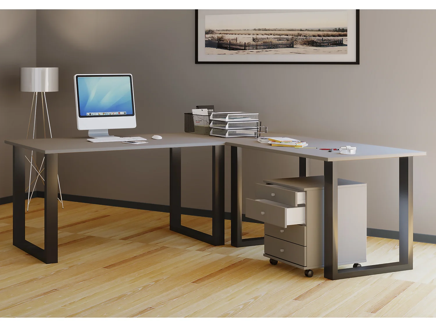 Bureau en bois VCM Table d'ordinateur Table de travail Meubles de bureau d'angle Lona profondeur 50 U Alu noir (Gris|130|130)