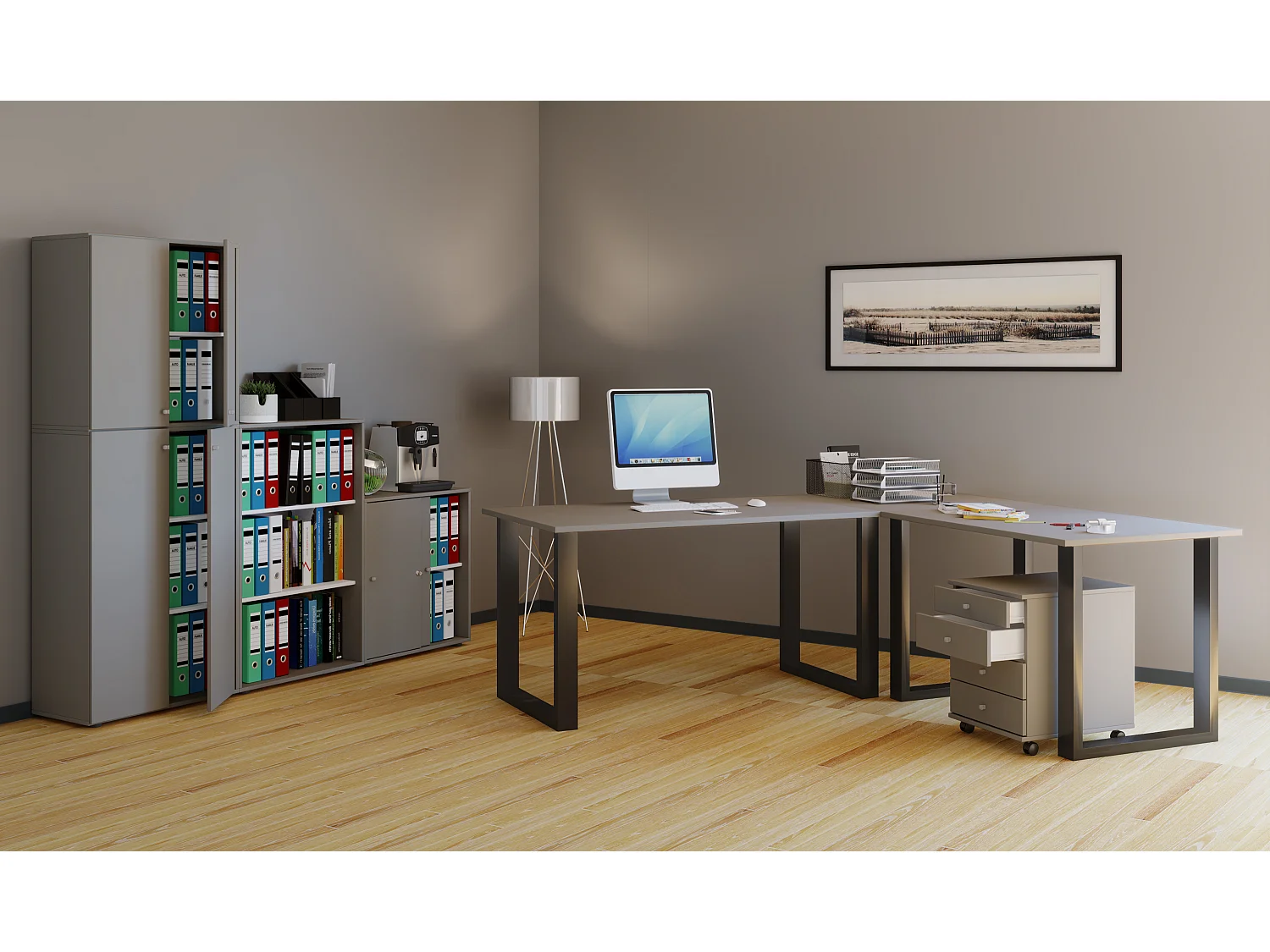 Bureau en bois VCM Table d'ordinateur Table de travail Meubles de bureau d'angle Lona profondeur 50 U Alu noir (Gris|130|130)