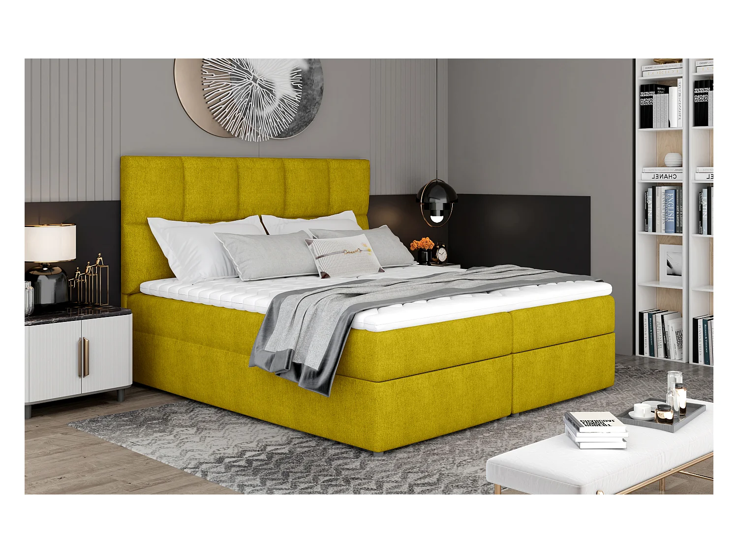 Box Spring Lit Madeira S (140x200)/Tissu-Jaune