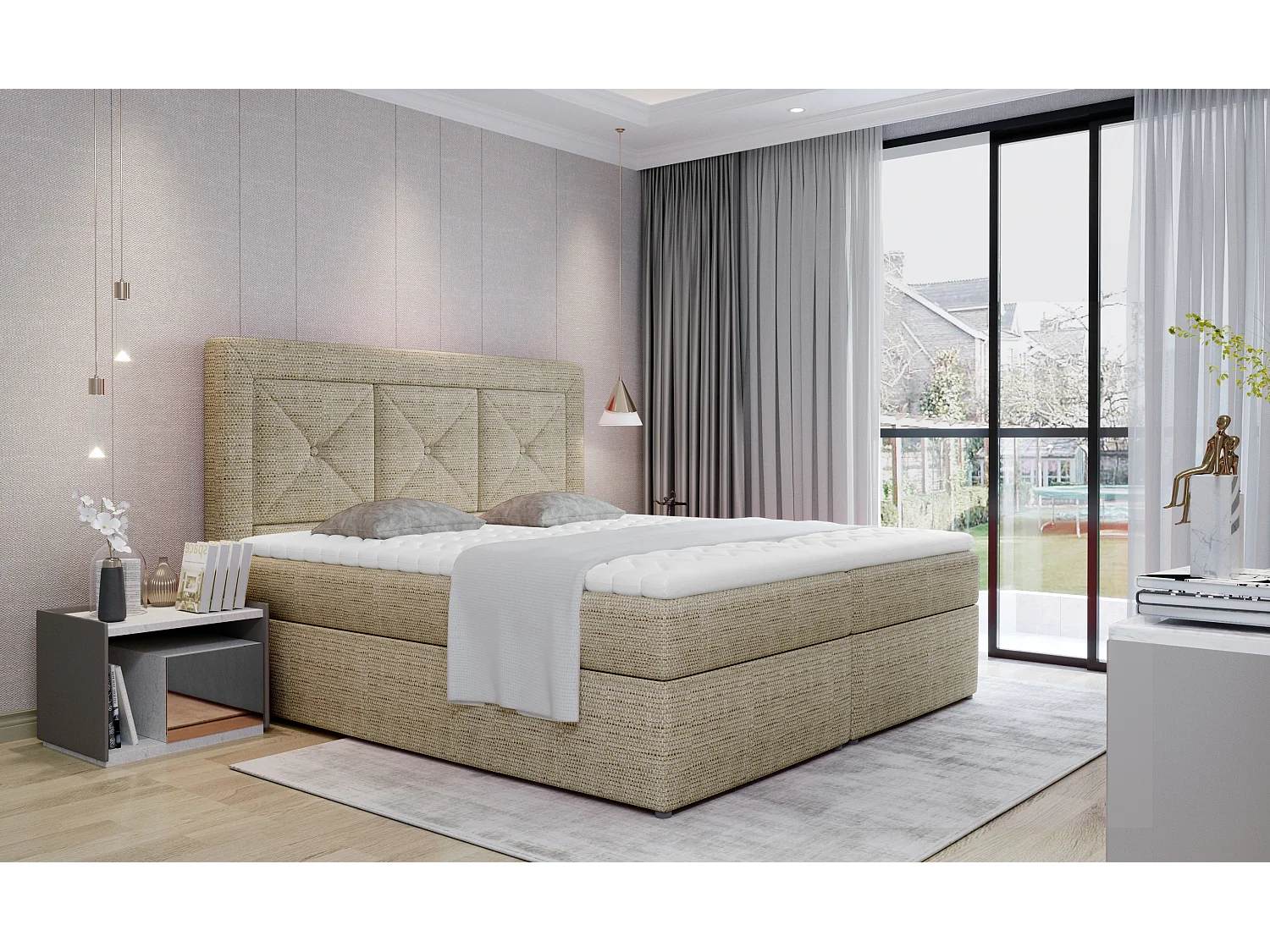 Box Spring Lit Lissabon L (180x200)/Tissu-Beige