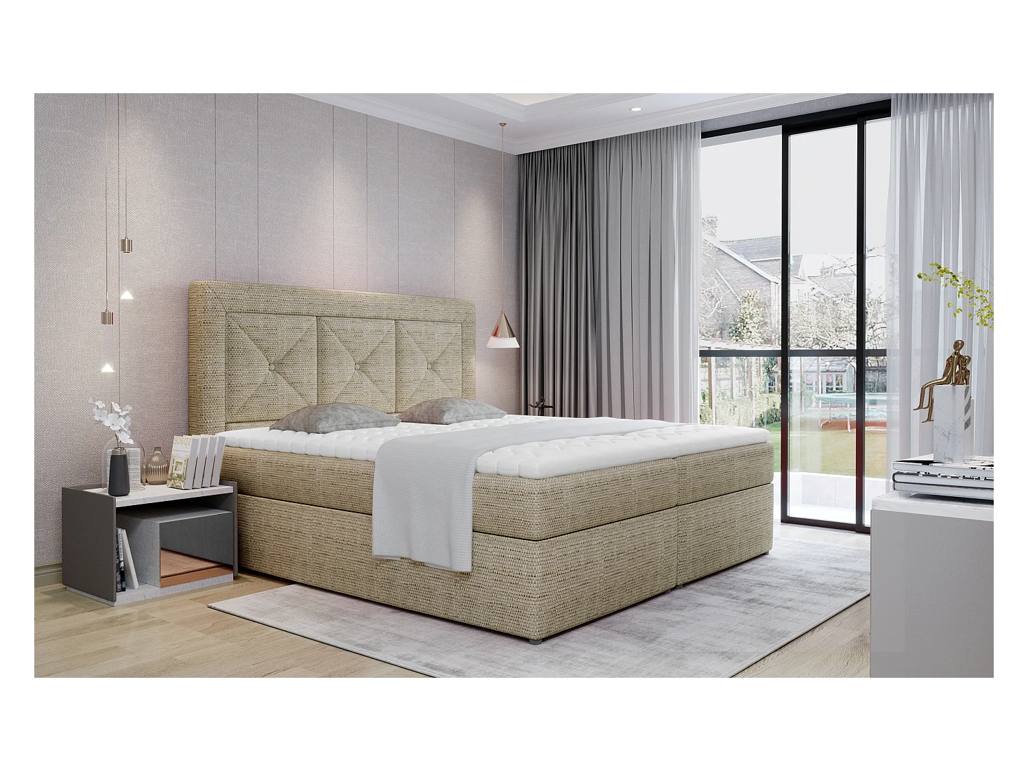 Boxspringbett Lissabon L (180x200)/Stoff-Beige