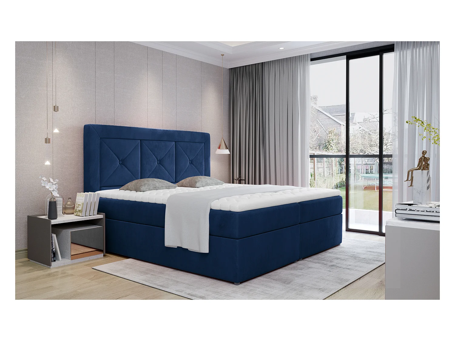 Box Spring Lit Lissabon S (140x200)/Tissu-Bleu