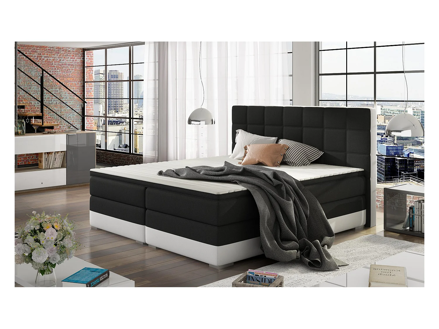 Box Spring Lit Luvre M (160x200)/Tissu-Noir&Blanc