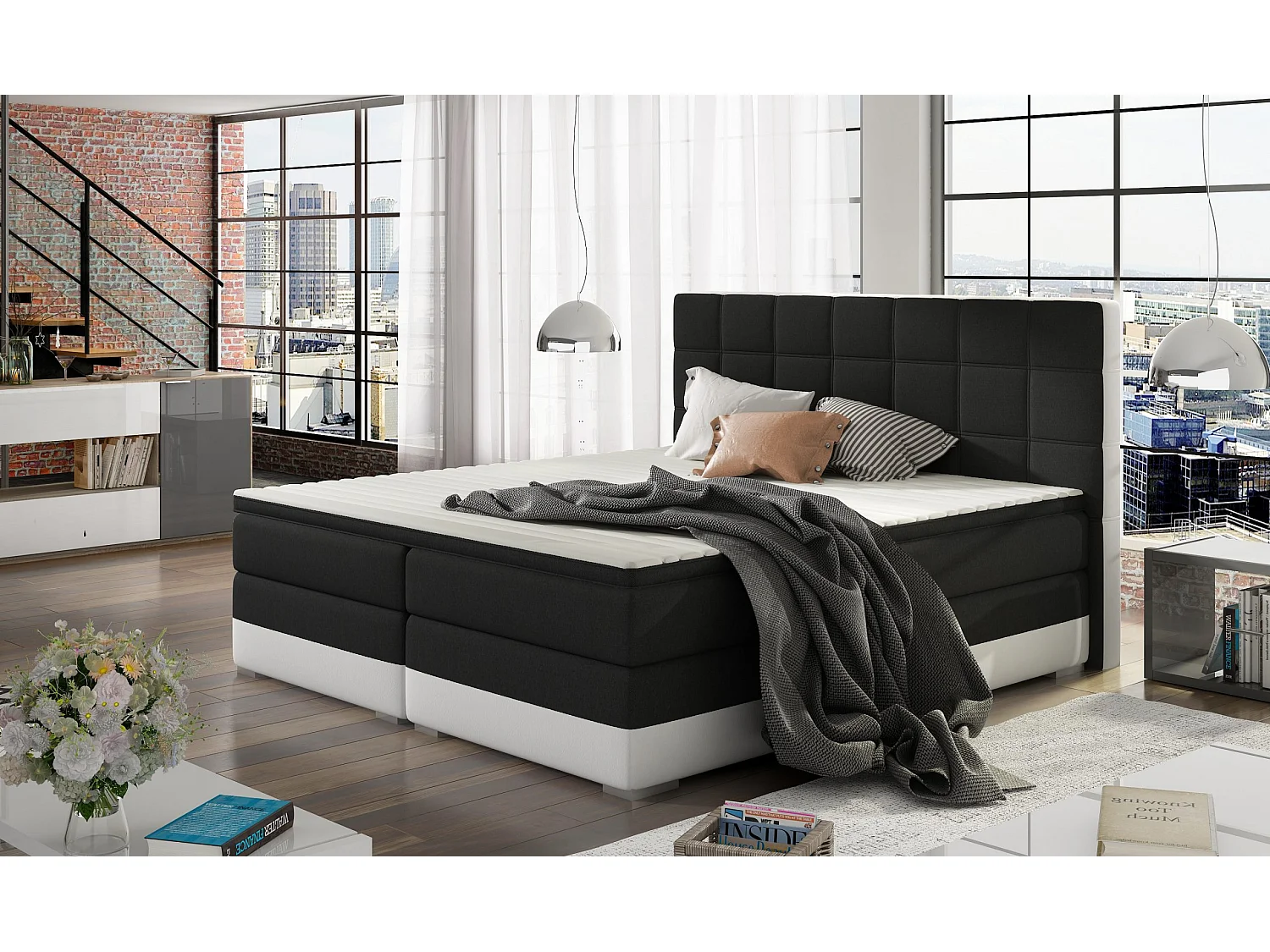 Box Spring Letto Luvre M (160x200)/Tessuto-Nero&Bianco