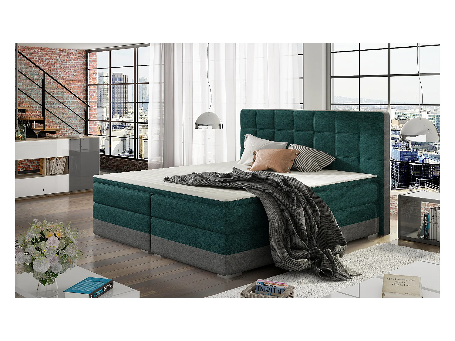 Boxspringbett Luvre M (160x200)/Stoff-Grün&Grau