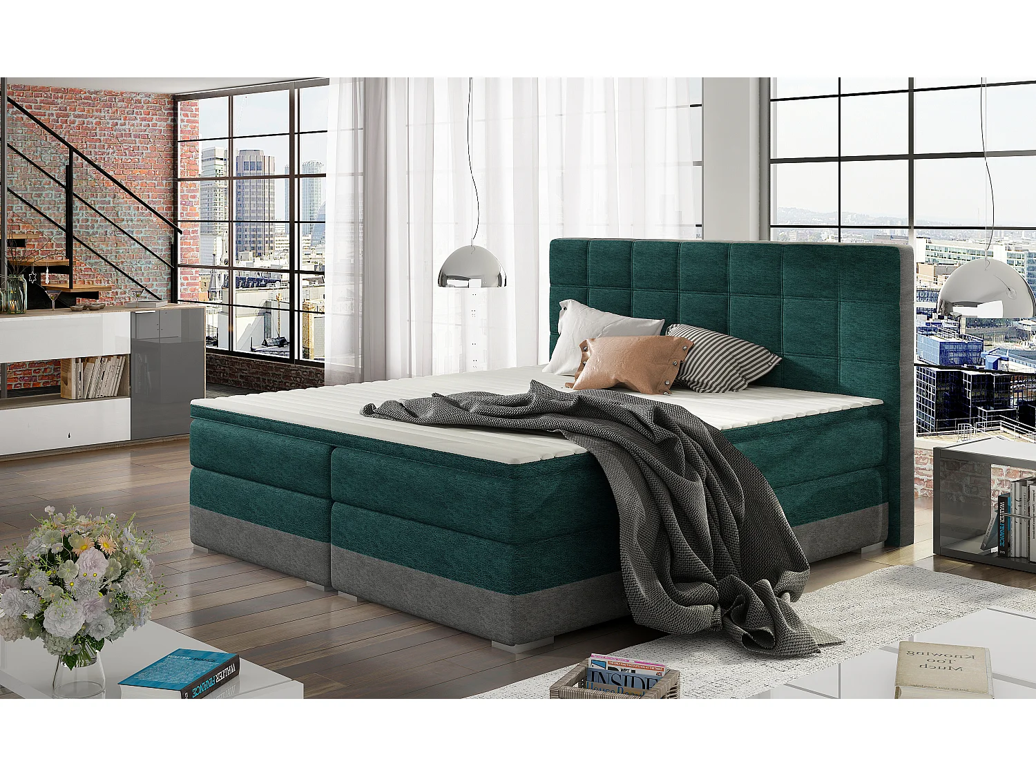 Box Spring Lit Luvre M (160x200)/Tissu-Vert&Gris
