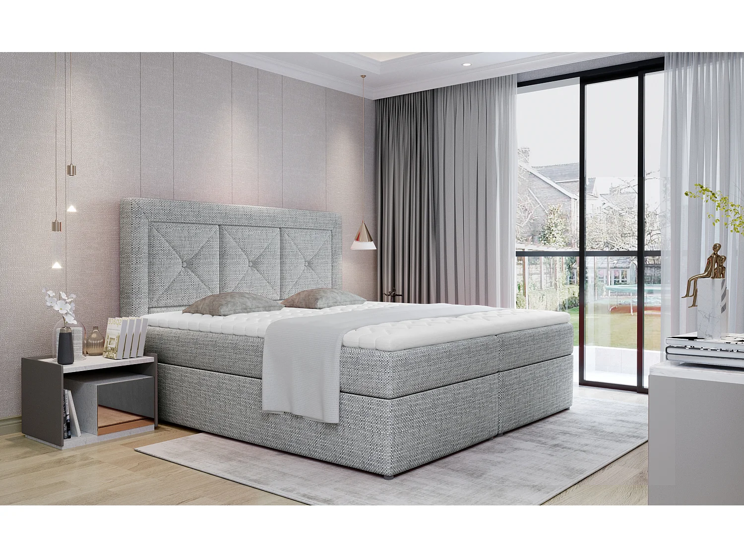 Box Spring Lit Lissabon S (140x200)/Tissu-Gris