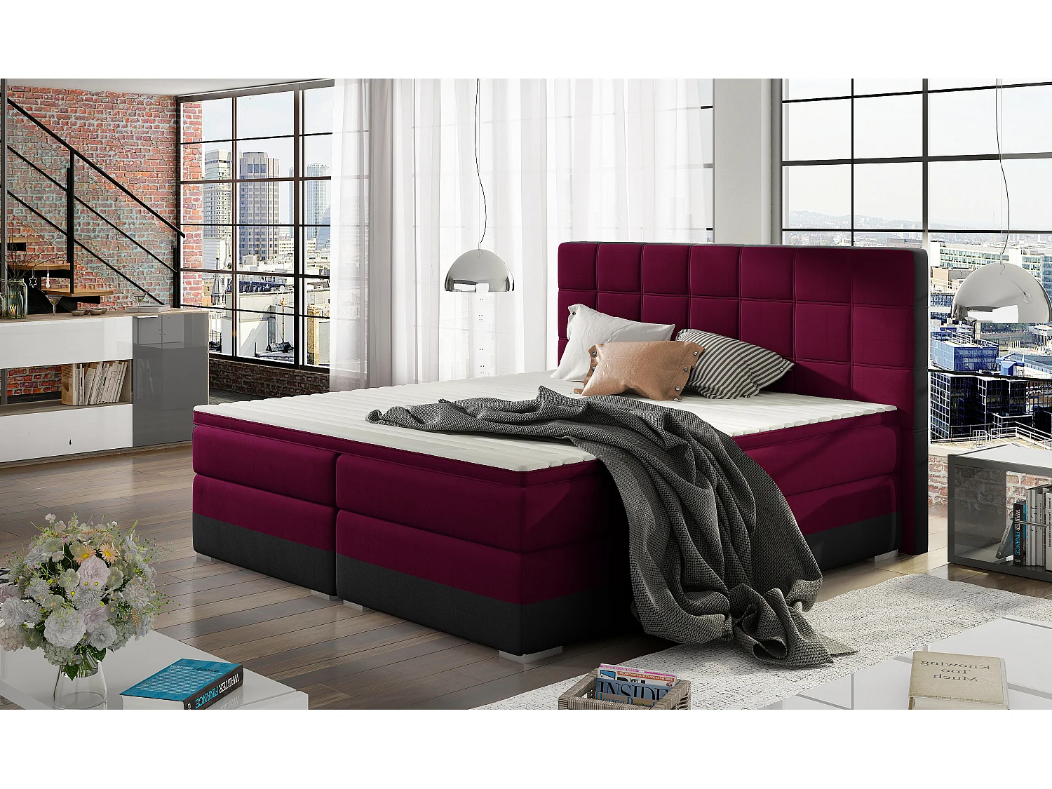 Box Spring Letto Luvre S (140x200)/Tessuto-Rosso&Nero