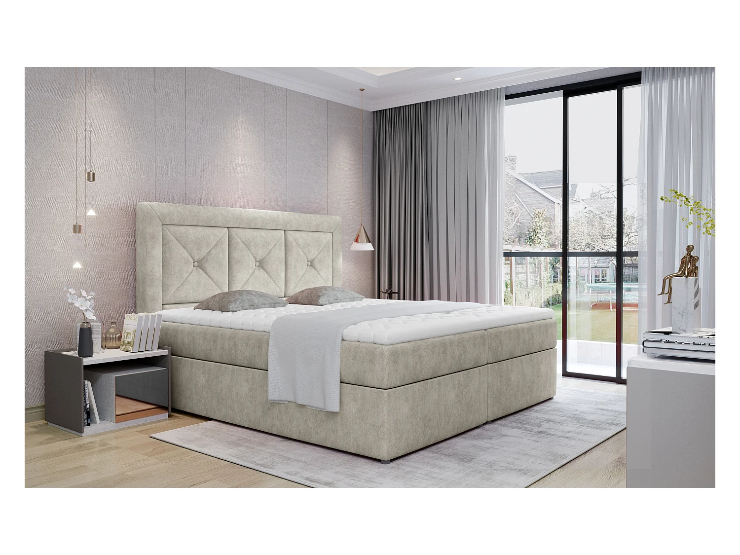 Box Spring Lit Lissabon L (180x200)/Tissu-Beige