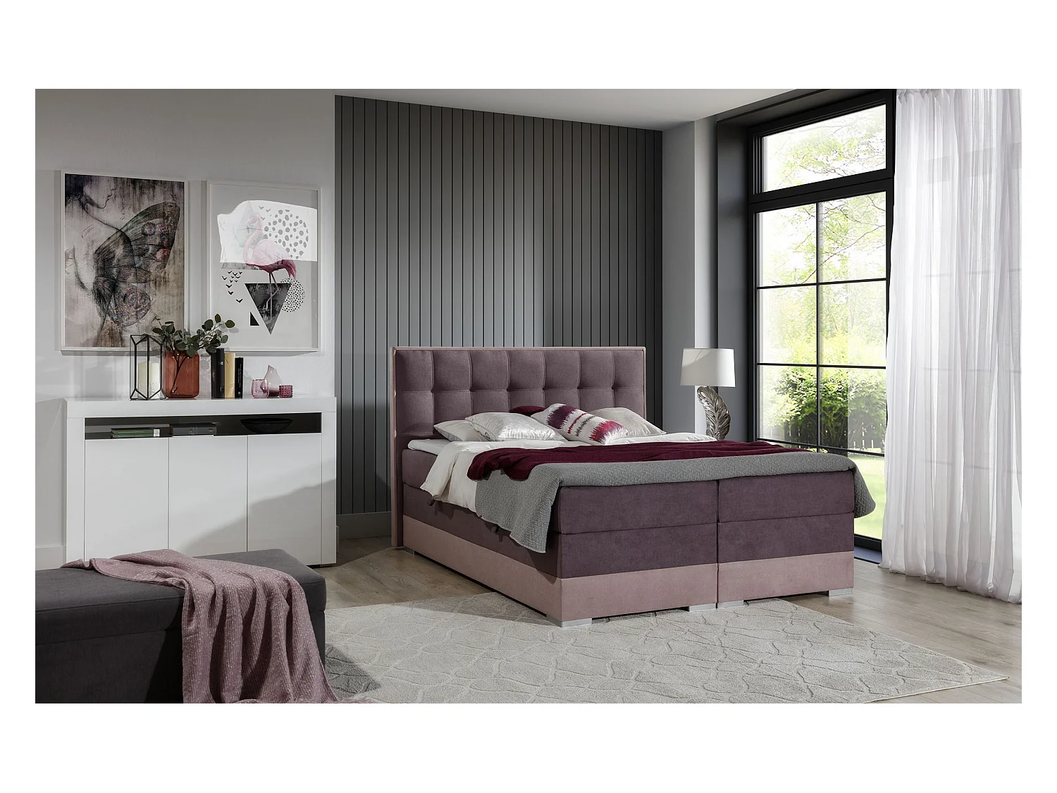 Box Spring Letto Luvre S (140x200)/Tessuto-Rosa&Bordeux