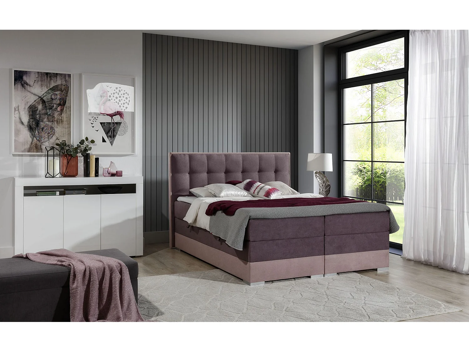 Box Spring Letto Luvre S (140x200)/Tessuto-Rosa&Bordeux