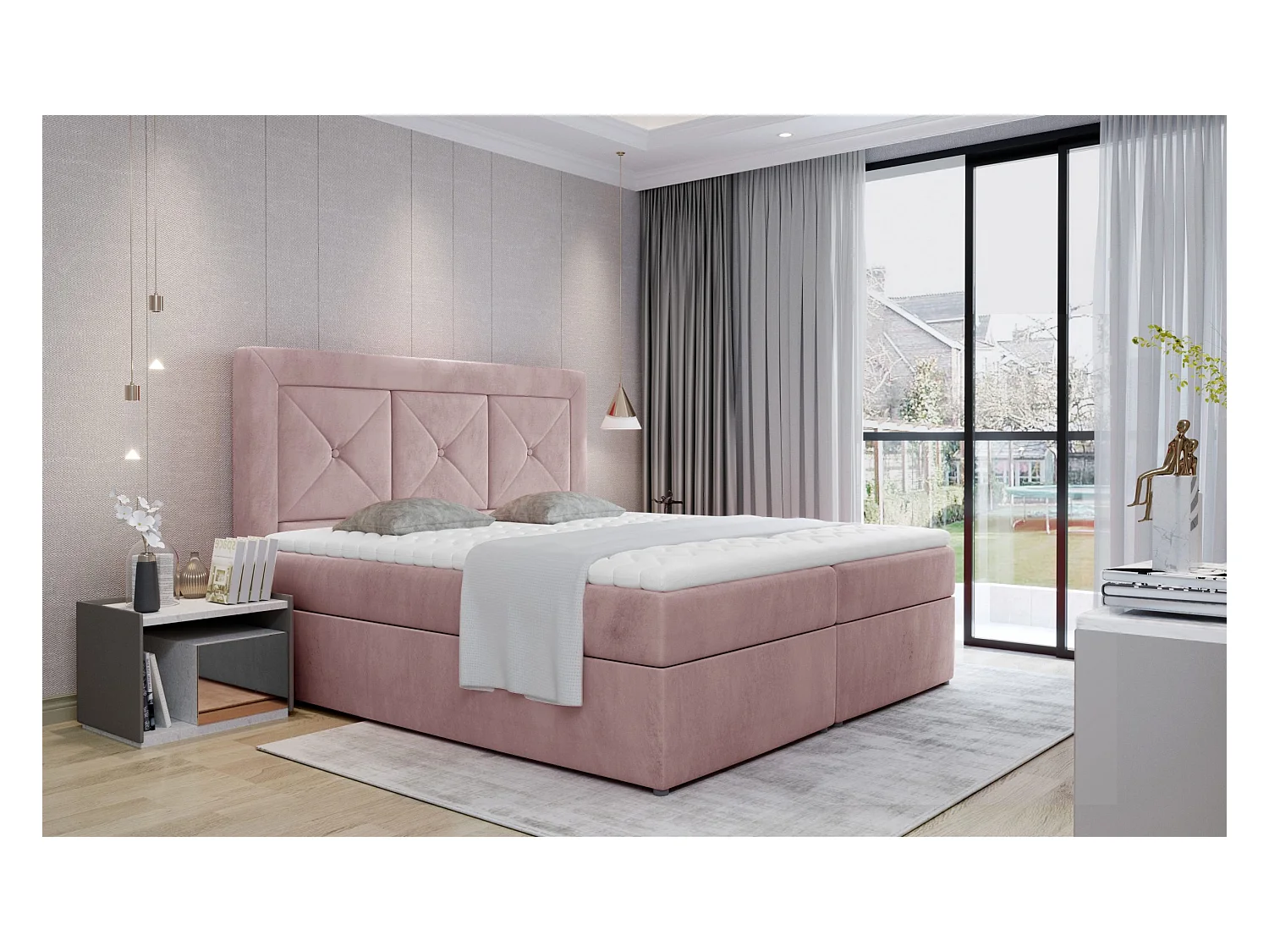 Box Spring Letto Lissabon M (160x200)/Tessuto-Rosa