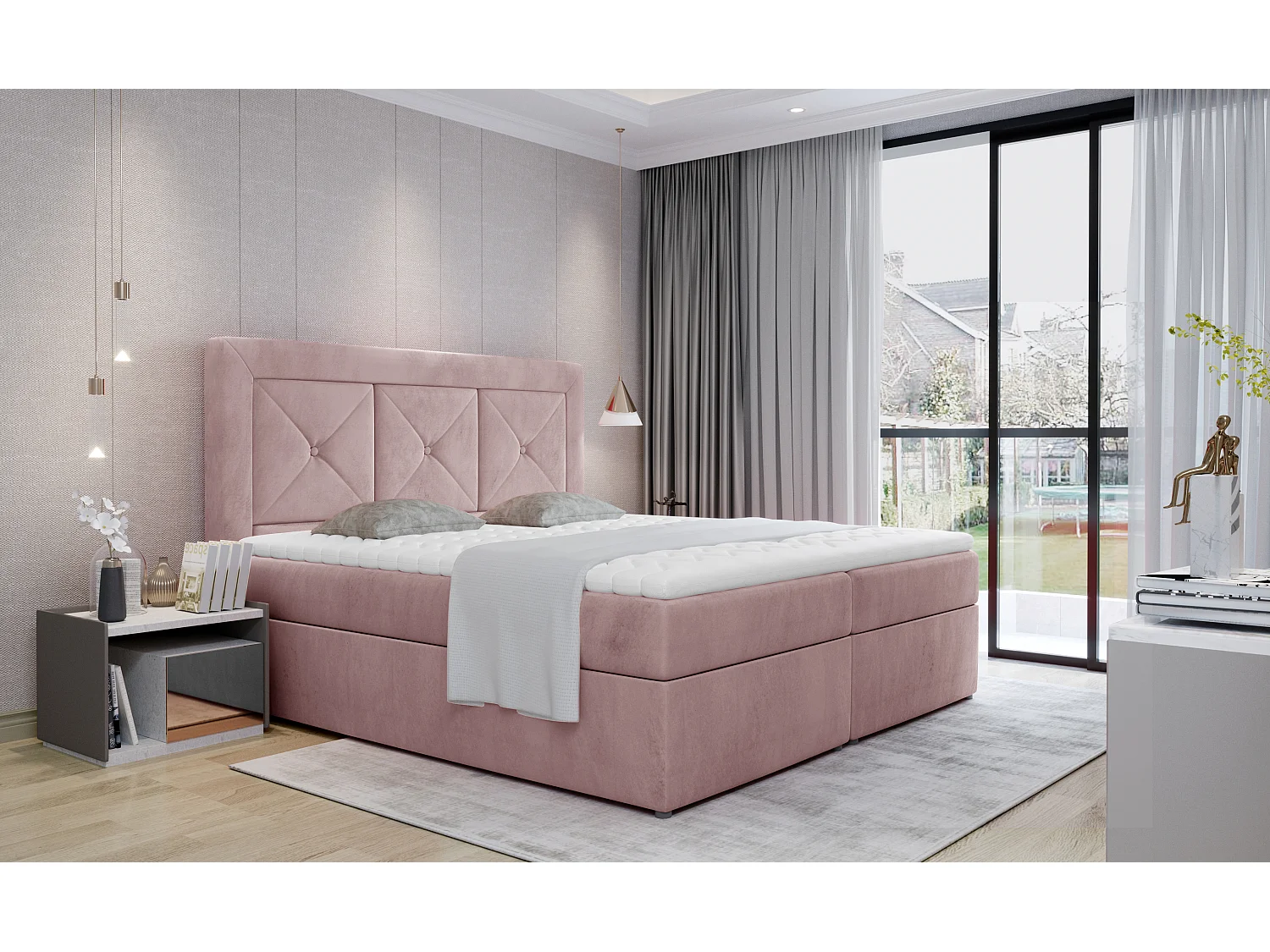 Box Spring Letto Lissabon L (180x200)/Tessuto-Rosa