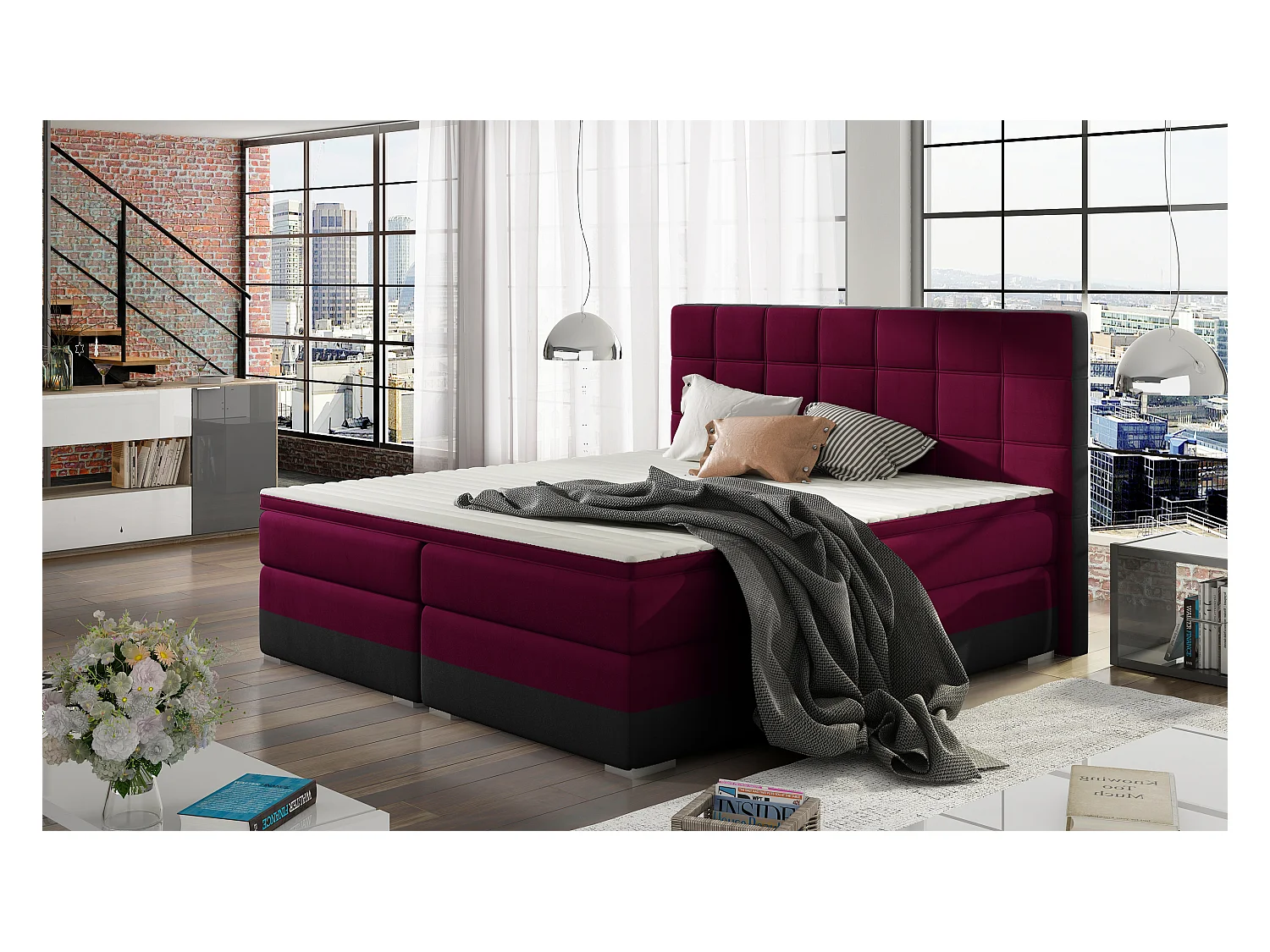 Boxspringbett Luvre M (160x200)/Stoff-Rot&Schwarz