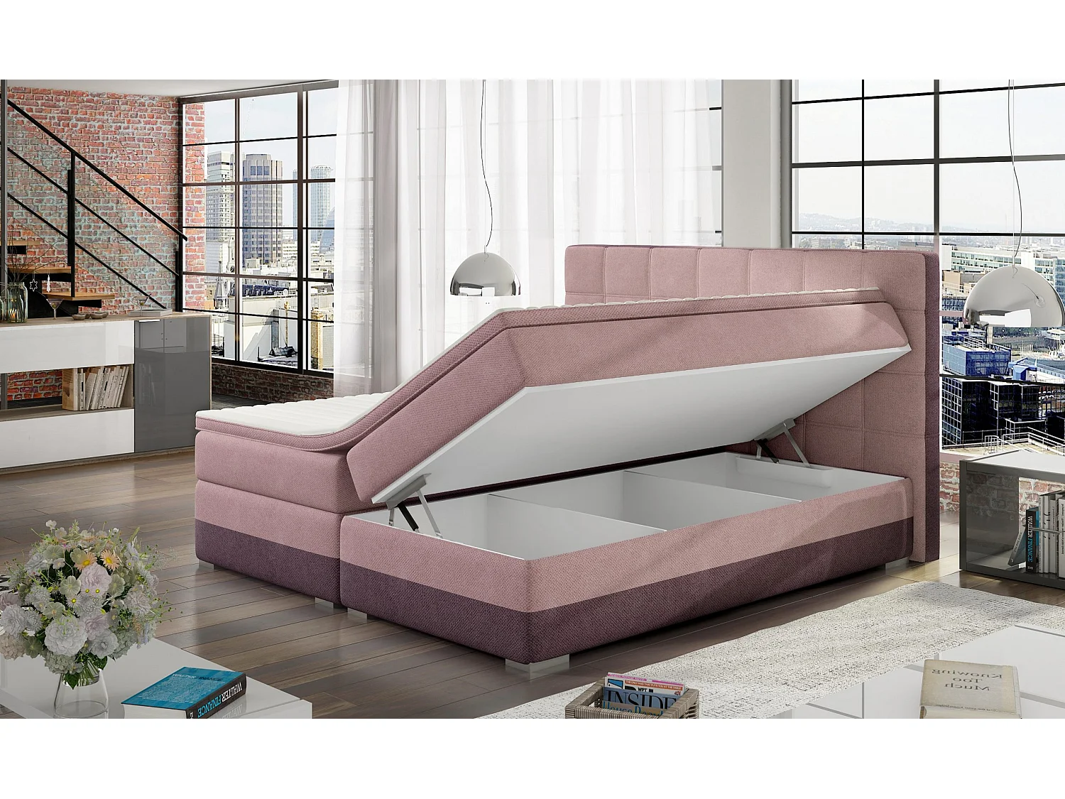 Box Spring Letto Luvre M (160x200)/Tessuto-Rosa&Marrone