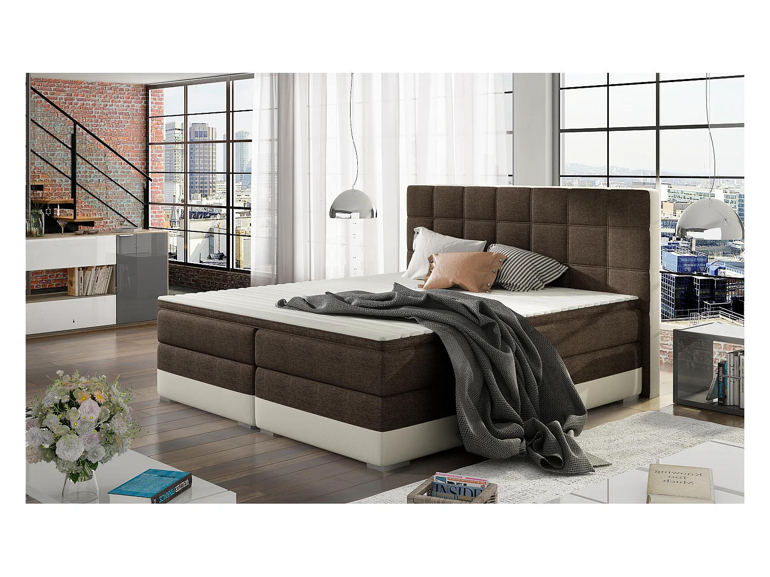 Box Spring Lit Luvre S (140x200)/Tissu-Marron&Beige