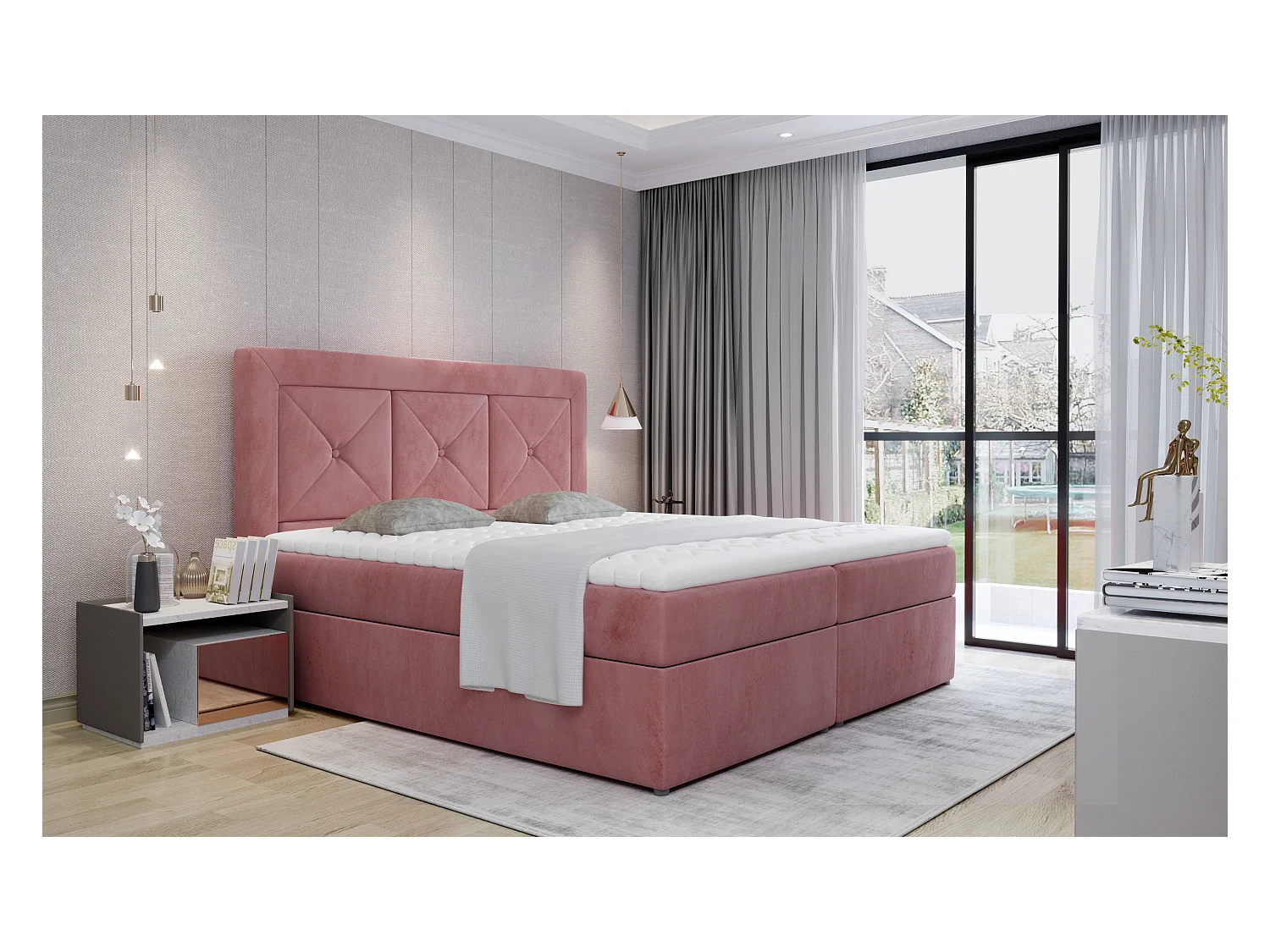 Box Spring Lit Lissabon S (140x200)/Tissu-Rose