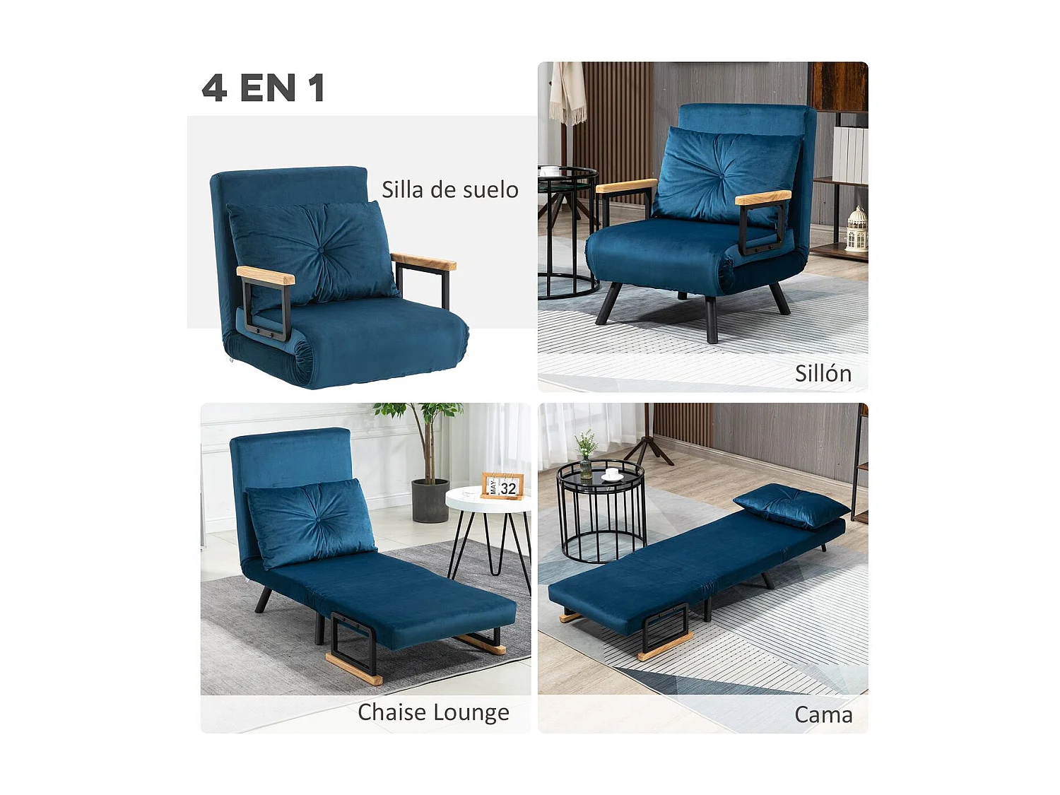 Sofá cama individual azul 63x73x81 cm HOMCOM