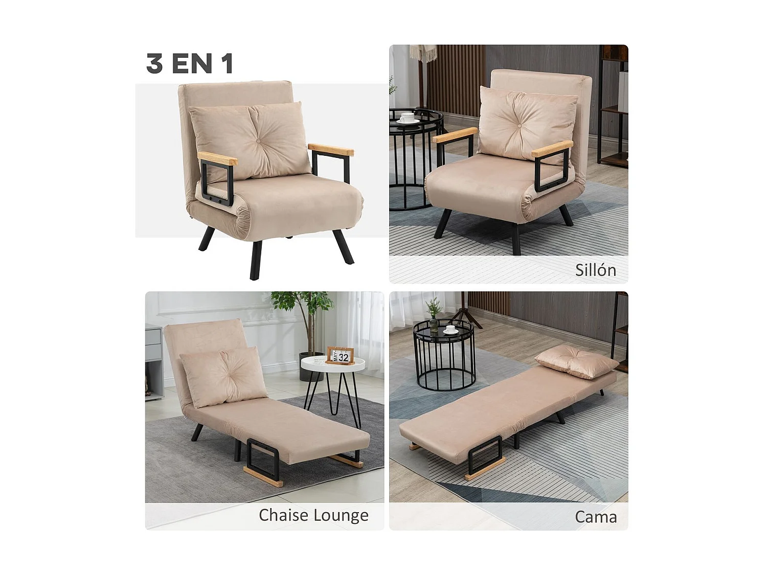 Sofá cama individual beige 63x73x81 cm HOMCOM