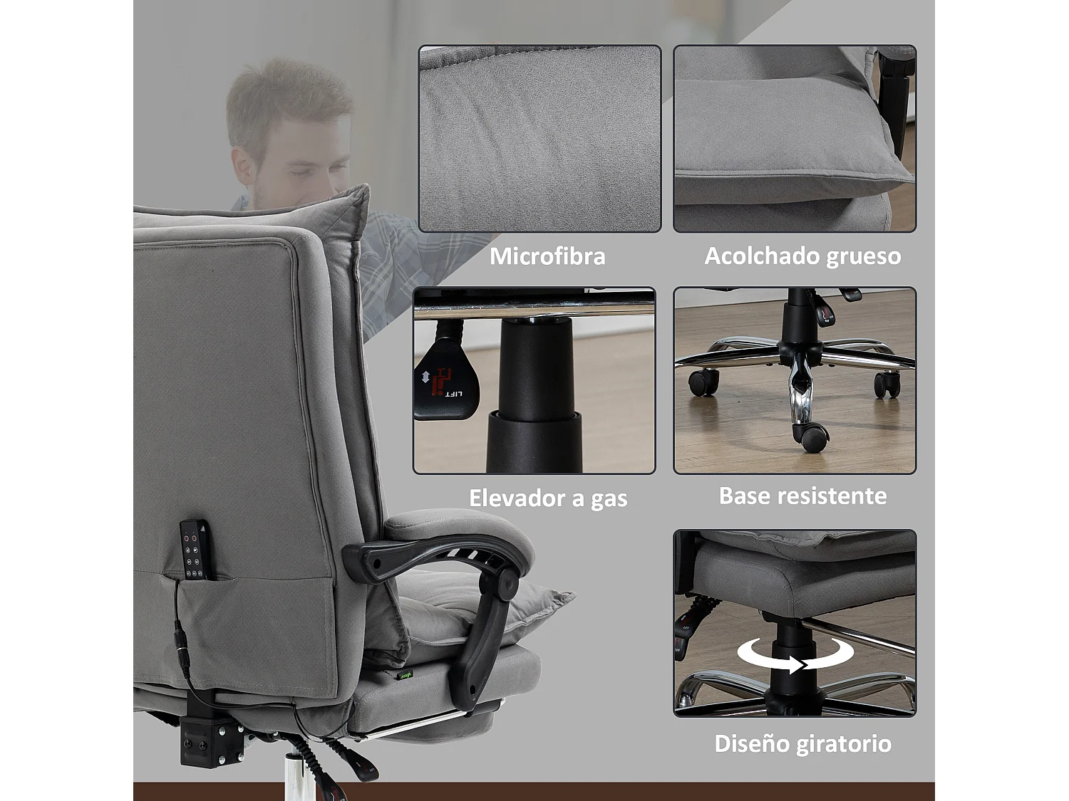 Silla de masaje gris 66x74x121.5 cm Vinsetto